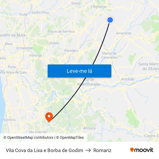 Vila Cova da Lixa e Borba de Godim to Romariz map