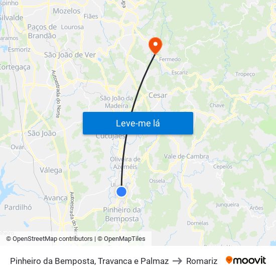 Pinheiro da Bemposta, Travanca e Palmaz to Romariz map