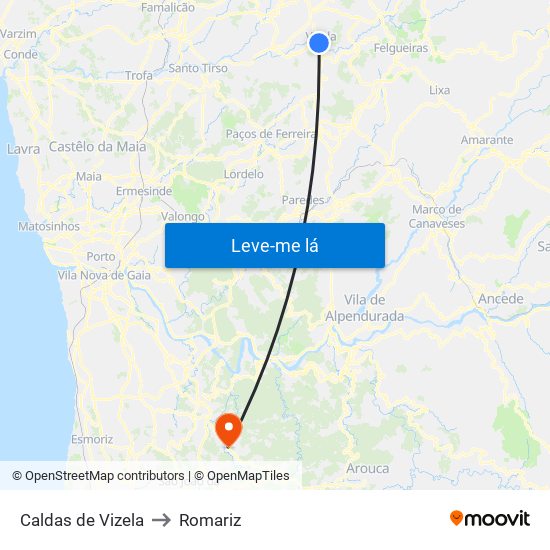 Caldas de Vizela to Romariz map