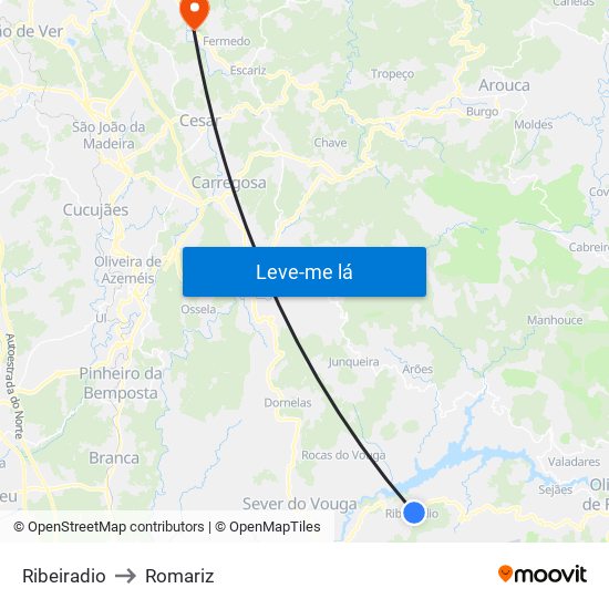 Ribeiradio to Romariz map