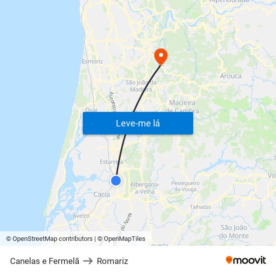 Canelas e Fermelã to Romariz map