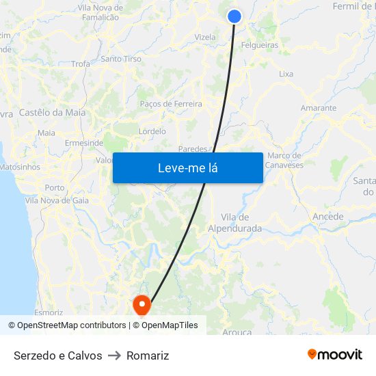 Serzedo e Calvos to Romariz map