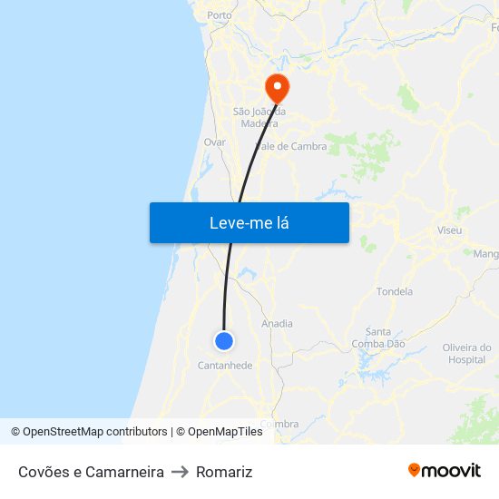 Covões e Camarneira to Romariz map