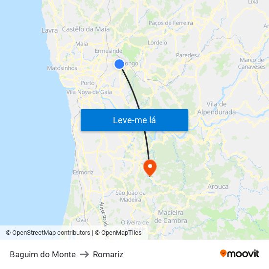 Baguim do Monte to Romariz map