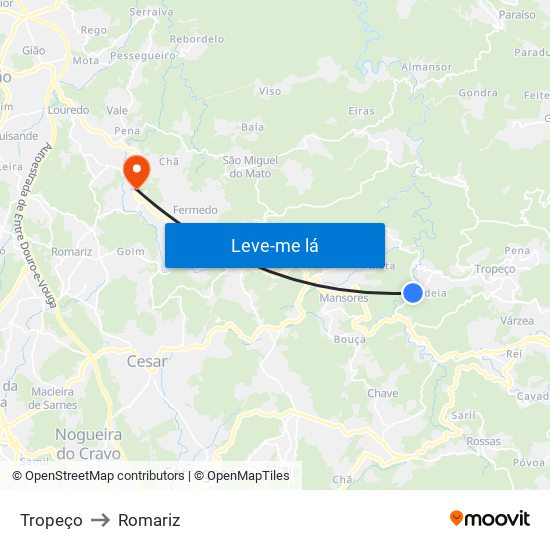 Tropeço to Romariz map