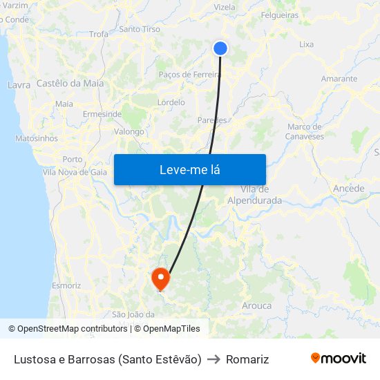 Lustosa e Barrosas (Santo Estêvão) to Romariz map