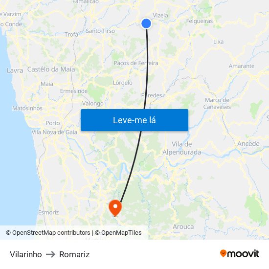 Vilarinho to Romariz map