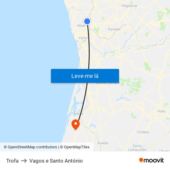 Trofa to Vagos e Santo António map