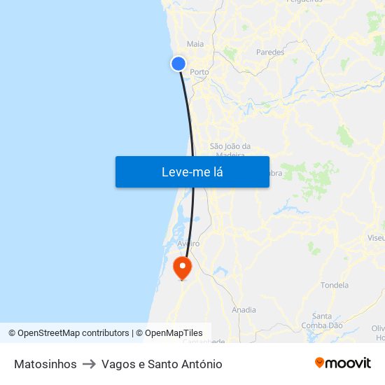 Matosinhos to Vagos e Santo António map