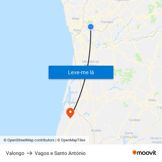 Valongo to Vagos e Santo António map