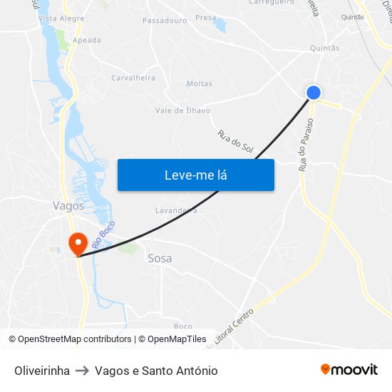 Oliveirinha to Vagos e Santo António map