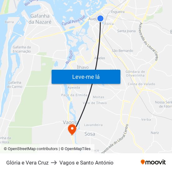 Glória e Vera Cruz to Vagos e Santo António map