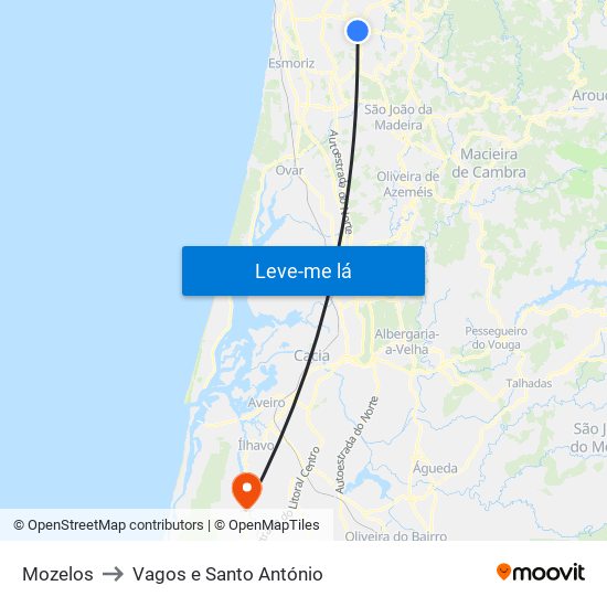 Mozelos to Vagos e Santo António map