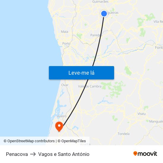 Penacova to Vagos e Santo António map