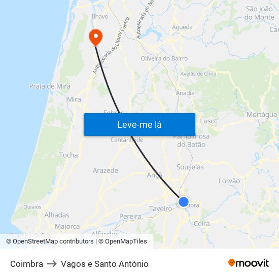 Coimbra to Vagos e Santo António map