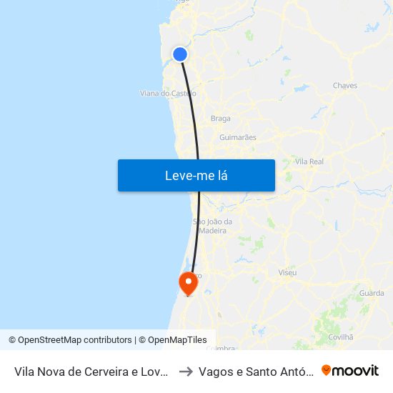 Vila Nova de Cerveira e Lovelhe to Vagos e Santo António map