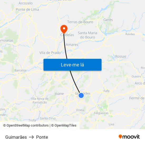 Guimarães to Ponte map