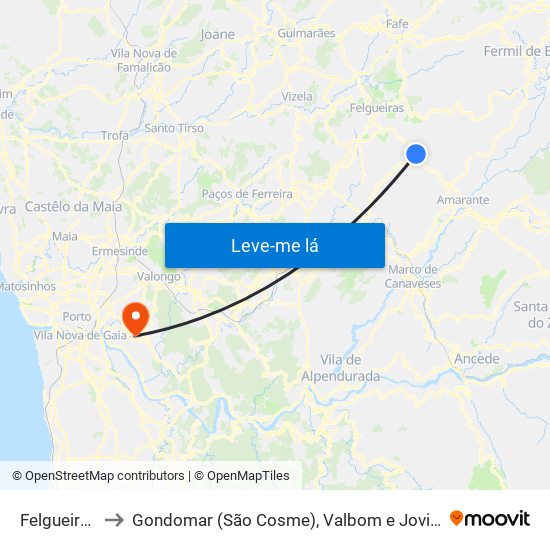 Felgueiras to Gondomar (São Cosme), Valbom e Jovim map