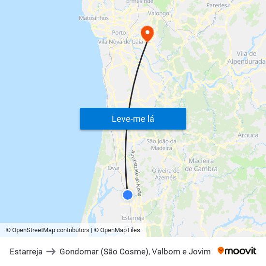 Estarreja to Gondomar (São Cosme), Valbom e Jovim map