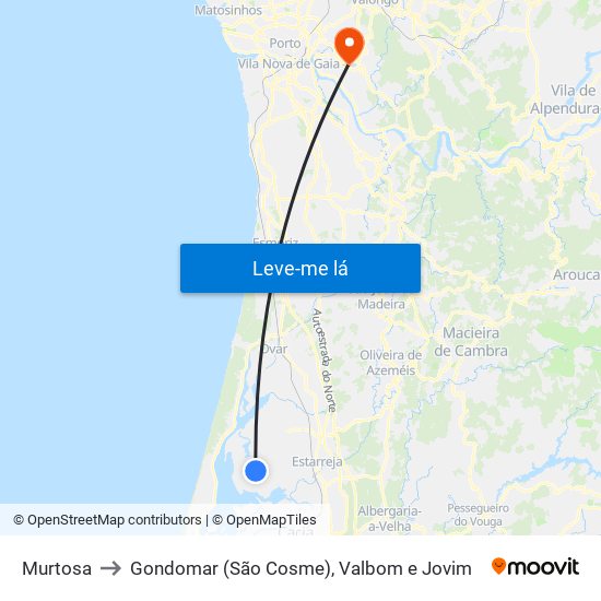 Murtosa to Gondomar (São Cosme), Valbom e Jovim map