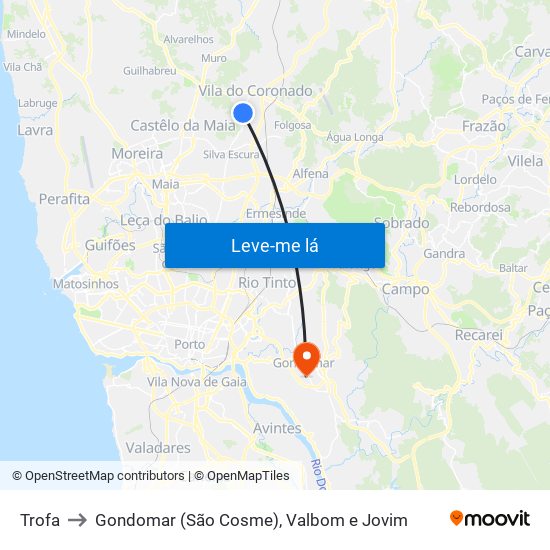 Trofa to Gondomar (São Cosme), Valbom e Jovim map