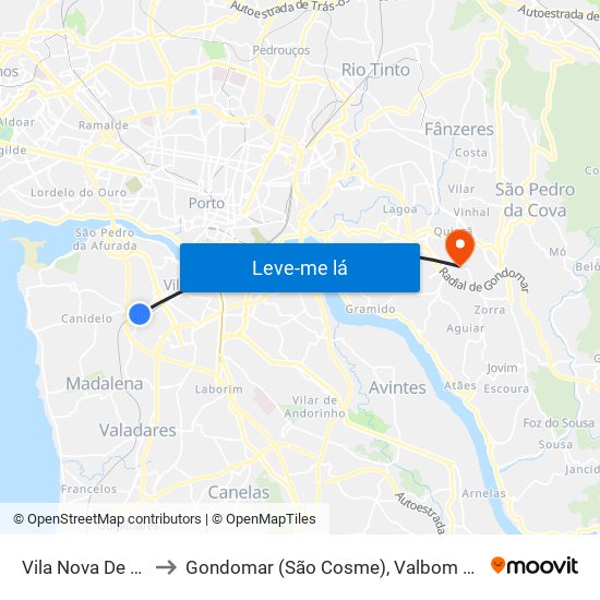 Vila Nova De Gaia to Gondomar (São Cosme), Valbom e Jovim map