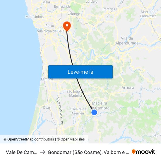 Vale De Cambra to Gondomar (São Cosme), Valbom e Jovim map
