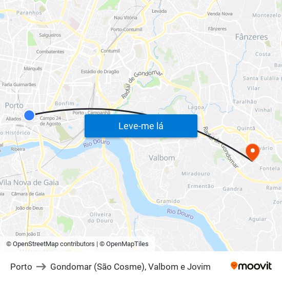 Porto to Gondomar (São Cosme), Valbom e Jovim map