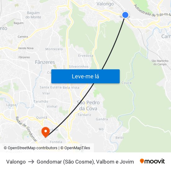 Valongo to Gondomar (São Cosme), Valbom e Jovim map