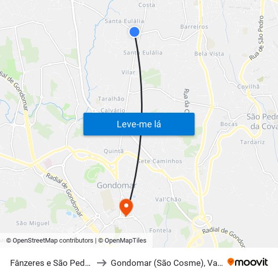 Fânzeres e São Pedro da Cova to Gondomar (São Cosme), Valbom e Jovim map