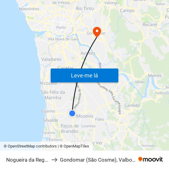 Nogueira da Regedoura to Gondomar (São Cosme), Valbom e Jovim map