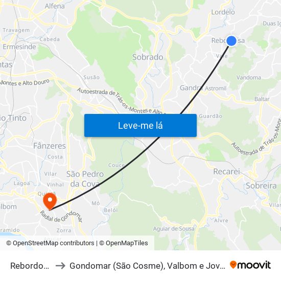 Rebordosa to Gondomar (São Cosme), Valbom e Jovim map