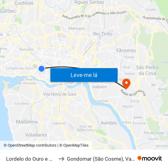 Lordelo do Ouro e Massarelos to Gondomar (São Cosme), Valbom e Jovim map