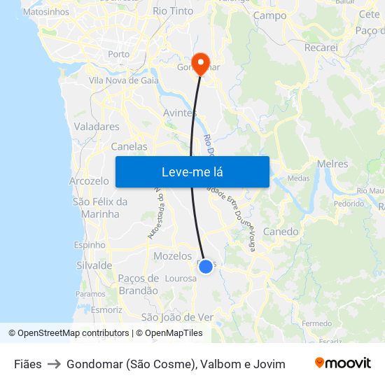 Fiães to Gondomar (São Cosme), Valbom e Jovim map