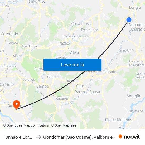 Unhão e Lordelo to Gondomar (São Cosme), Valbom e Jovim map