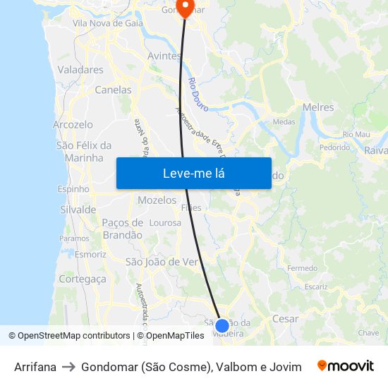 Arrifana to Gondomar (São Cosme), Valbom e Jovim map