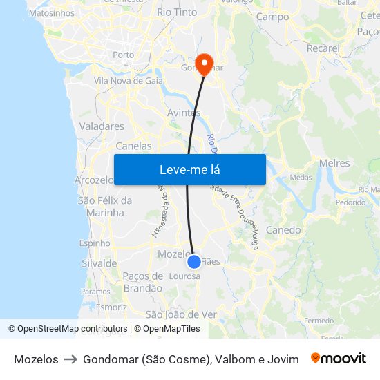 Mozelos to Gondomar (São Cosme), Valbom e Jovim map