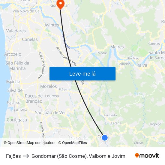 Fajões to Gondomar (São Cosme), Valbom e Jovim map