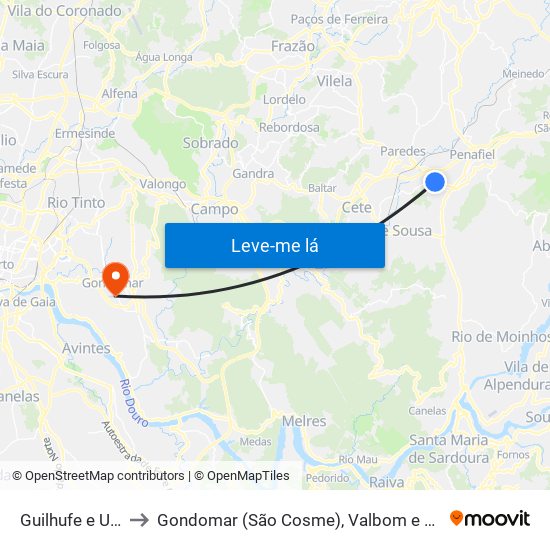 Guilhufe e Urrô to Gondomar (São Cosme), Valbom e Jovim map