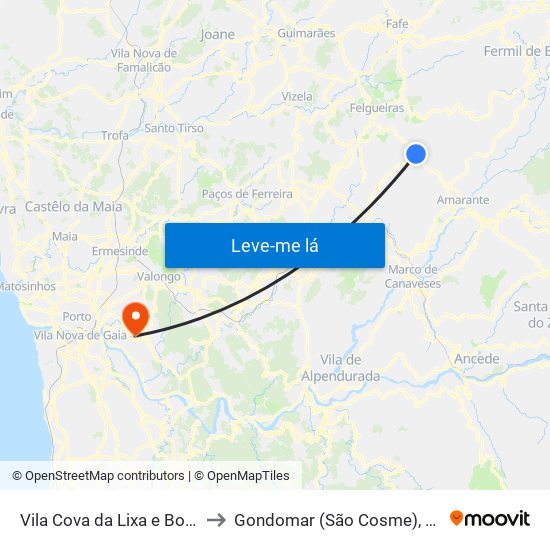 Vila Cova da Lixa e Borba de Godim to Gondomar (São Cosme), Valbom e Jovim map