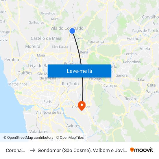 Coronado to Gondomar (São Cosme), Valbom e Jovim map