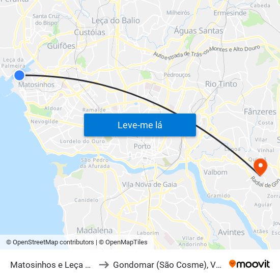 Matosinhos e Leça da Palmeira to Gondomar (São Cosme), Valbom e Jovim map