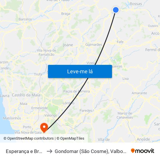 Esperança e Brunhais to Gondomar (São Cosme), Valbom e Jovim map