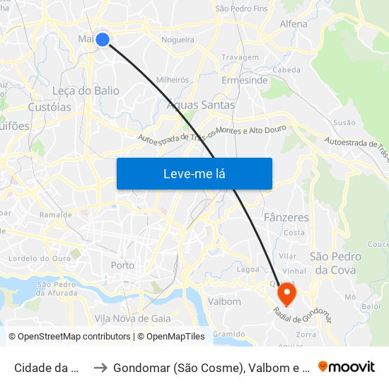 Cidade da Maia to Gondomar (São Cosme), Valbom e Jovim map