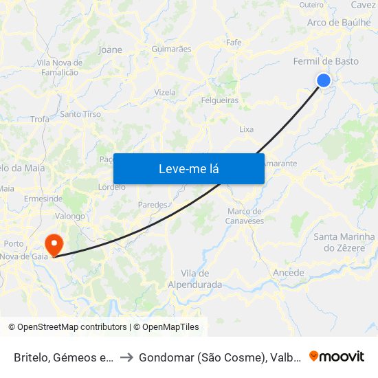 Britelo, Gémeos e Ourilhe to Gondomar (São Cosme), Valbom e Jovim map