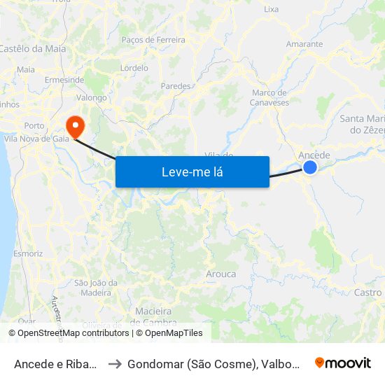 Ancede e Ribadouro to Gondomar (São Cosme), Valbom e Jovim map