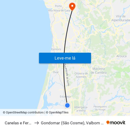 Canelas e Fermelã to Gondomar (São Cosme), Valbom e Jovim map