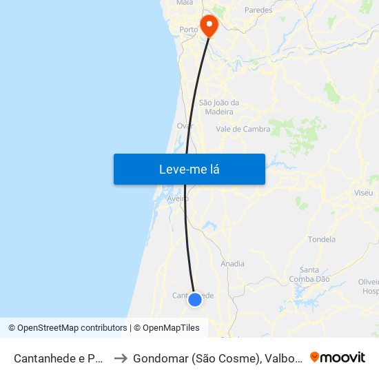Cantanhede e Pocariça to Gondomar (São Cosme), Valbom e Jovim map