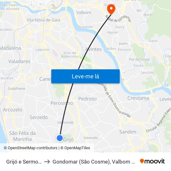 Grijó e Sermonde to Gondomar (São Cosme), Valbom e Jovim map