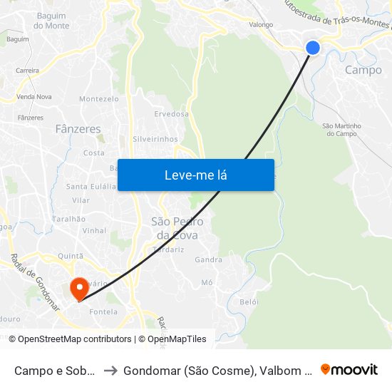 Campo e Sobrado to Gondomar (São Cosme), Valbom e Jovim map